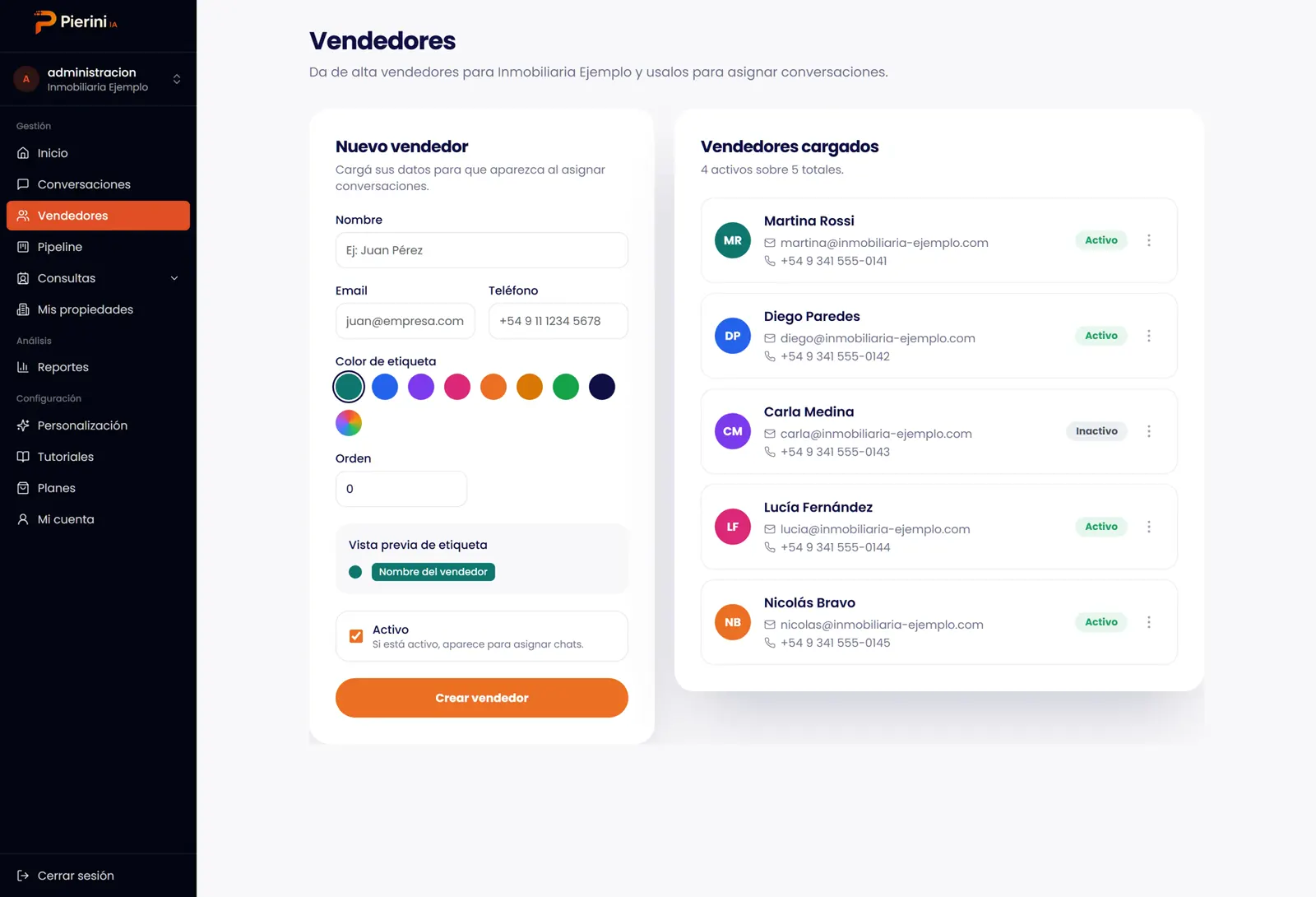 Pantalla de vendedores con el formulario de alta y la lista de vendedores activos e inactivos